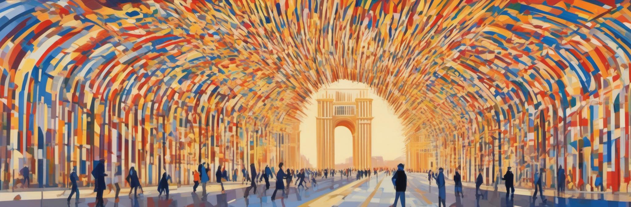 The arches radiate a dazzling rainbow light that transforms them into doors, mirrors, portals, passages, once again, towards the future