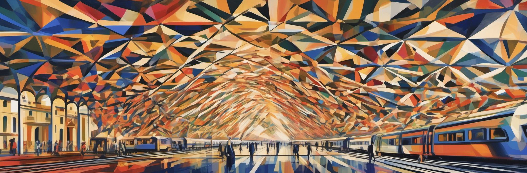 The glass and iron arches of the Central Station, teeming with trains and people against the vivid colors of the background